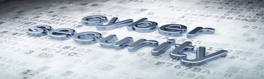 The phrase cyber security in large metallic letters is placed over a background of random letters and numbers, resembling encrypted computer code, highlighting the importance of abuse prevention as a crucial aspect of managing business risk in today’s digital landscape.