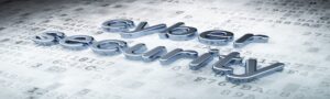 3D metallic cyber security text over a background of scrolling computer code.
