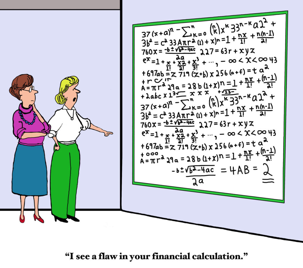 Two women stand in front of a large whiteboard filled with complex math equations. One points at the board while the other watches. The caption reads, "I see the flaw in your financial calculations." The image is a play on the article title: Can You "Count To 50 (Not Kidding)?" discussing if you sell EPLI, can your insureds count to 50? With FMLA, the way an employer counts employees can make or break eligibility.