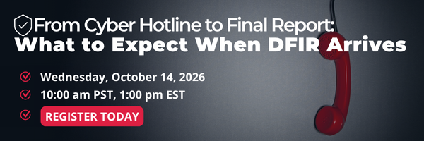Red phone receiver hangs on right. Text: From Cyber Hotline to Final Report: What to Expect When DFIR and the Response Process Arrive. Event info: Wednesday, October 14, 2026, 10 am PST. Red Register Today button at bottom left.
